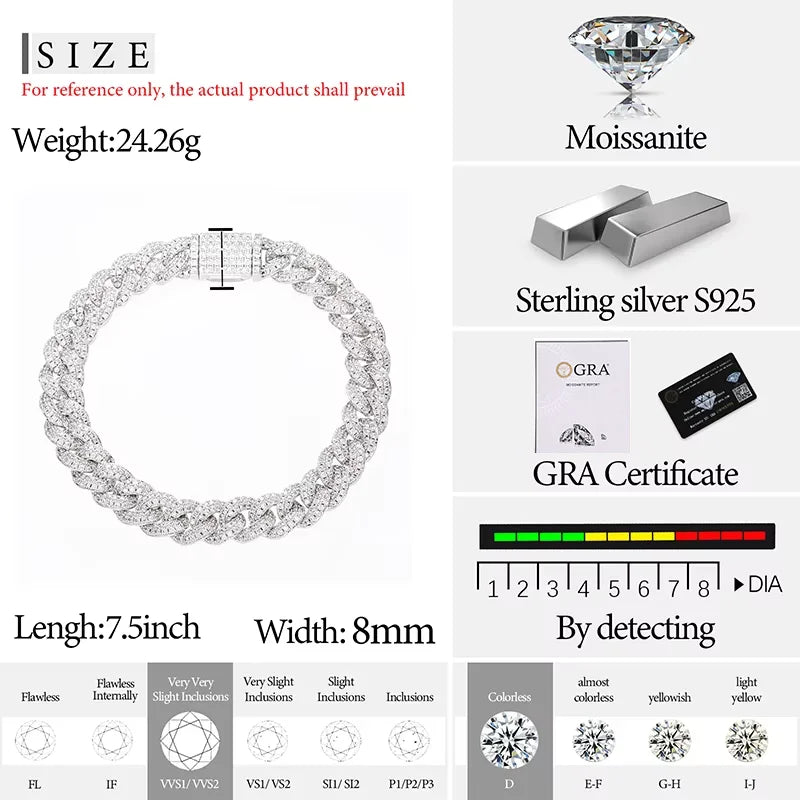 TUHE 8MM Cuban Link Bracelet – 925 Sterling Silver Moissanite