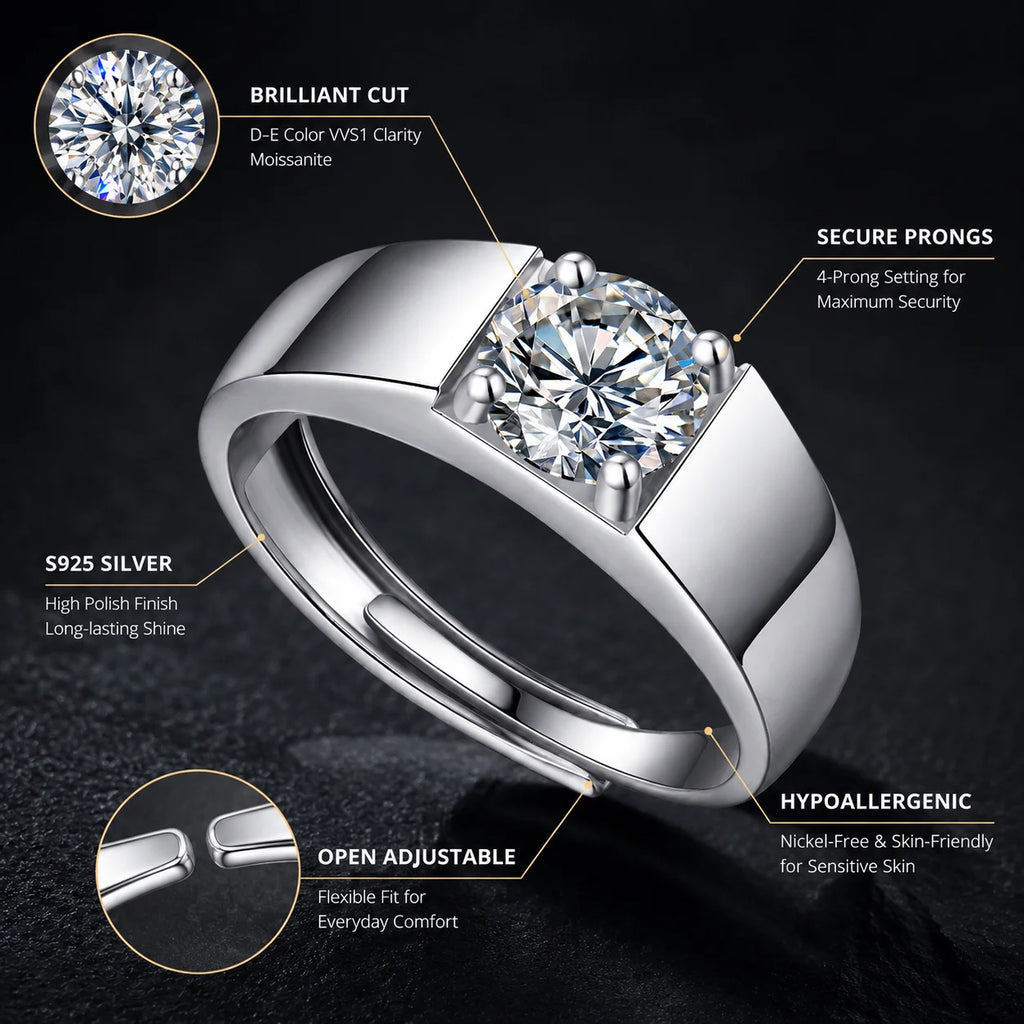 1CT Moissanite Ring for Men – 925 Sterling Silver Adjustable