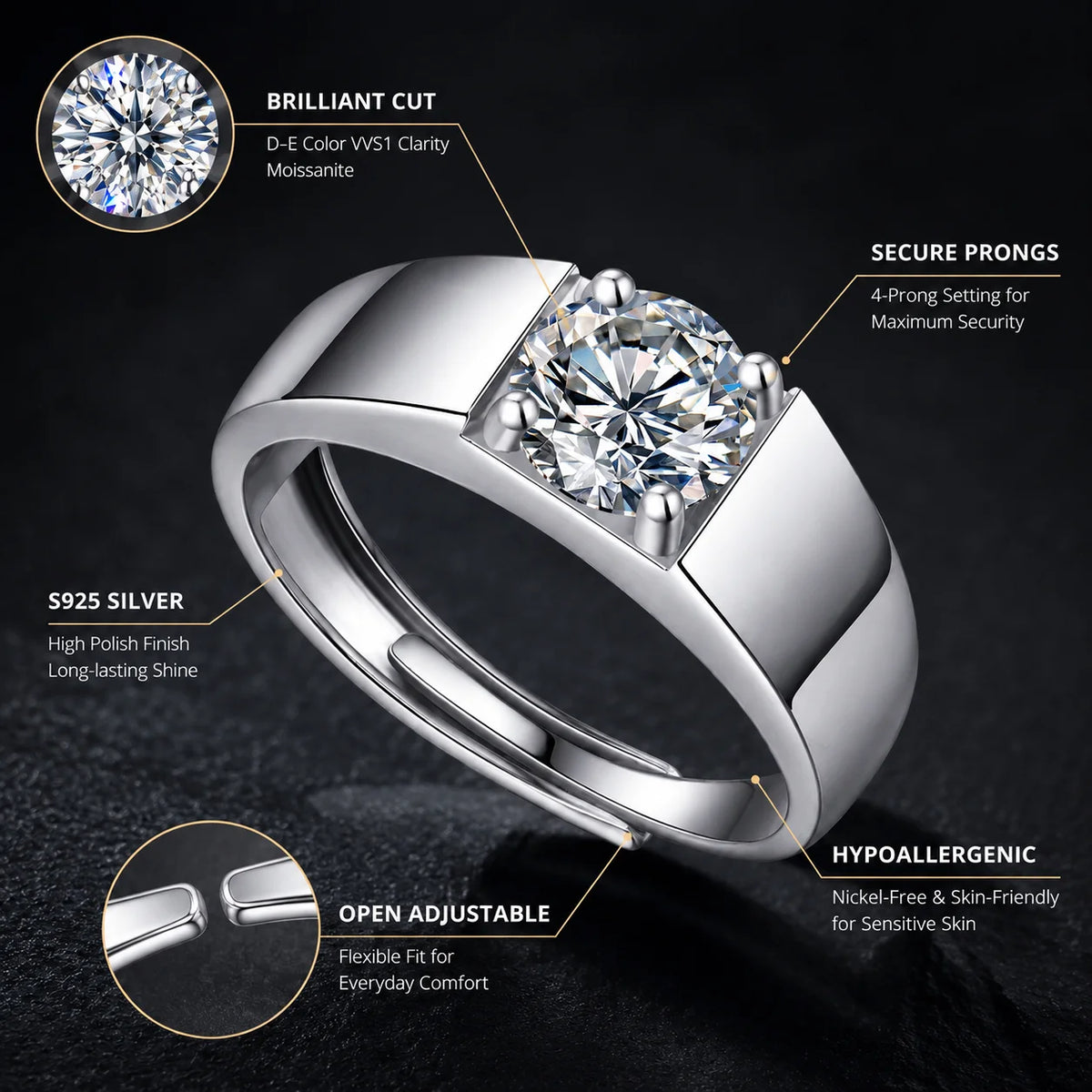 1CT Moissanite Ring for Men – 925 Sterling Silver Adjustable