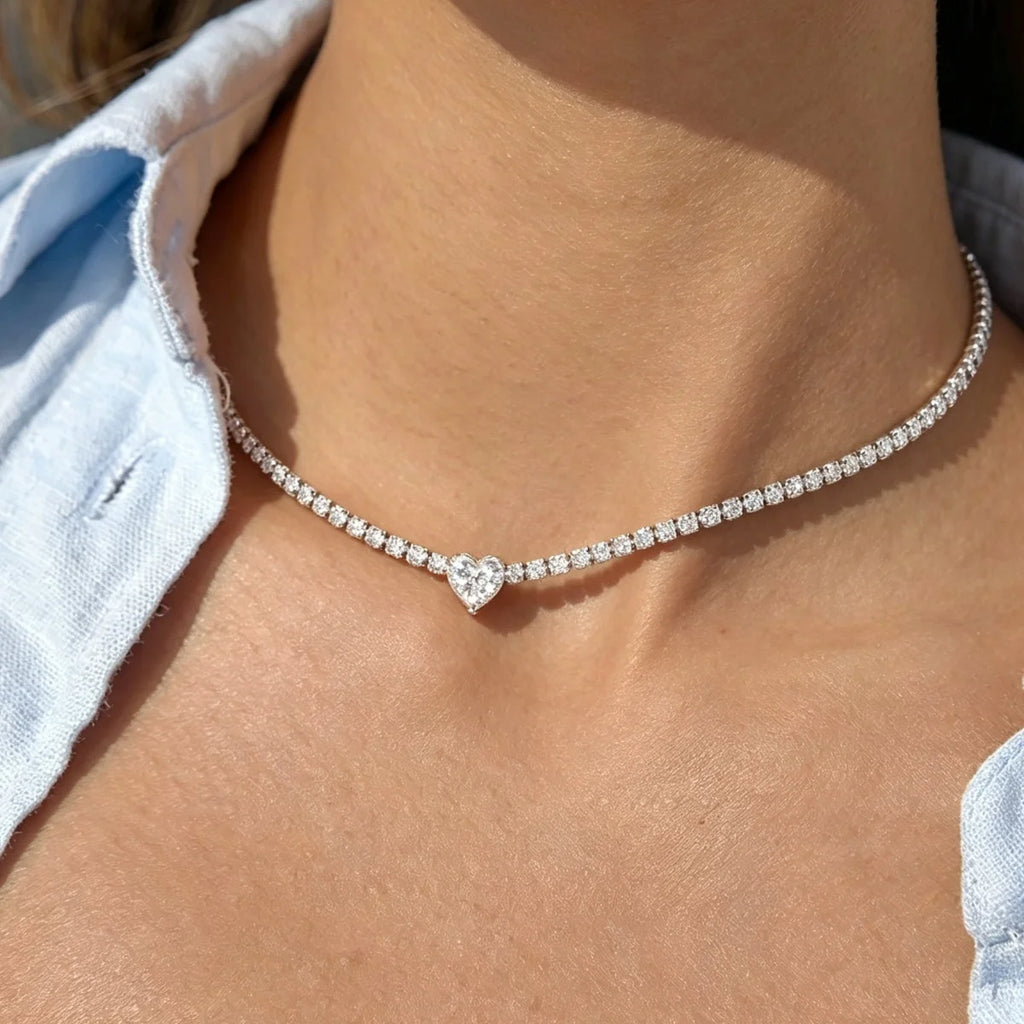 Heart Moissanite Tennis Necklace – 925 Sterling Silver