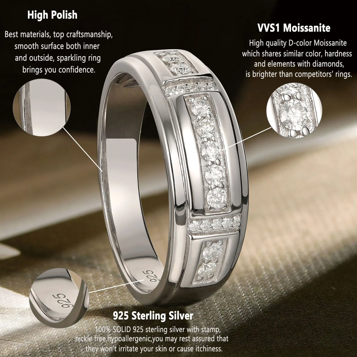 Men's Moissanite Wedding Band – 925 Sterling Silver, GRA Certified