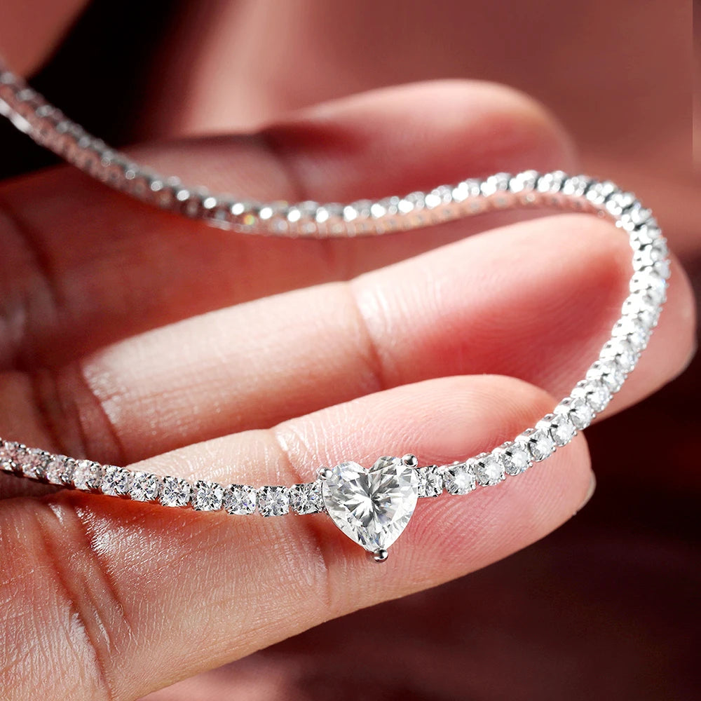 Heart Moissanite Tennis Necklace – 925 Sterling Silver