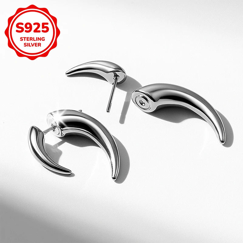 925 Sterling Silver Crescent Horn Earrings – Men's Hip-Hop Punk Style