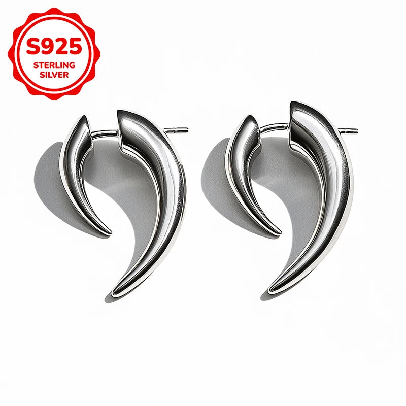 925 Sterling Silver Crescent Horn Earrings – Men's Hip-Hop Punk Style