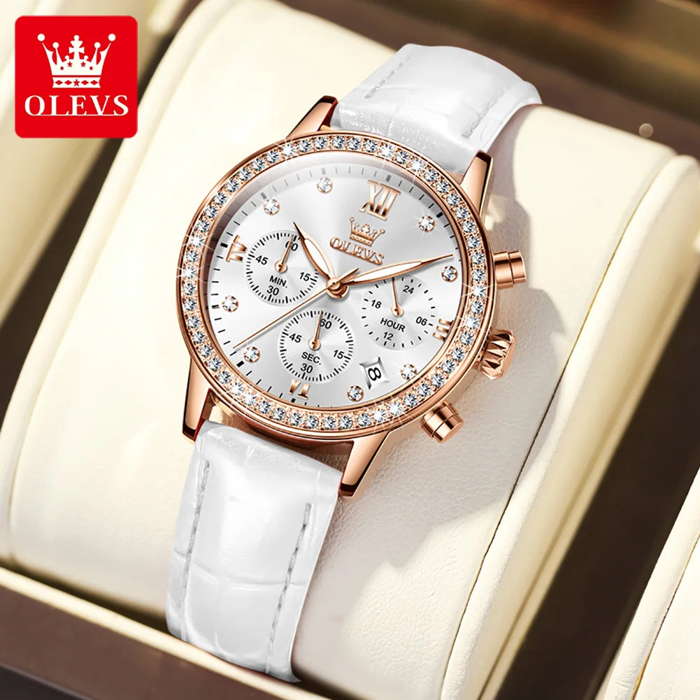 OLEVS 9933 Women's Quartz Watch – Luxury Leather Strap & Chronograph