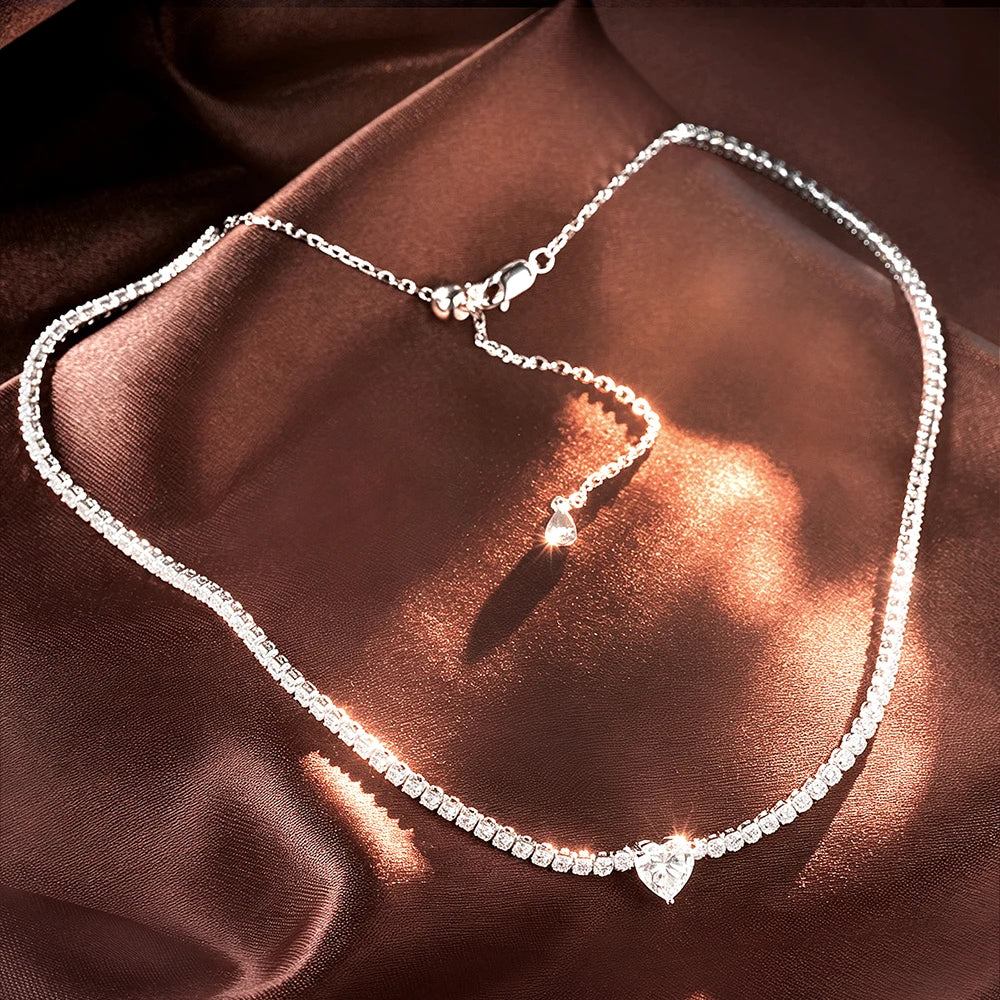 Heart Moissanite Tennis Necklace – 925 Sterling Silver
