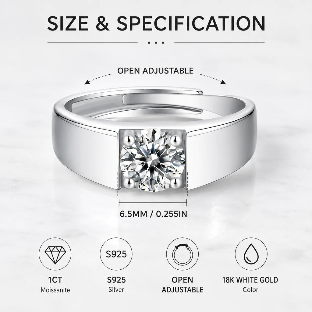 1CT Moissanite Ring for Men – 925 Sterling Silver Adjustable