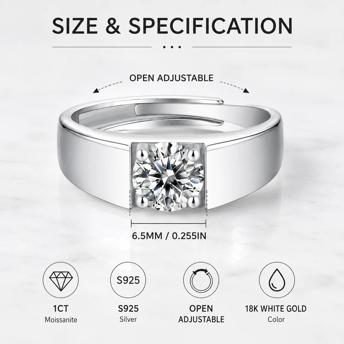 1CT Moissanite Ring for Men – 925 Sterling Silver Adjustable