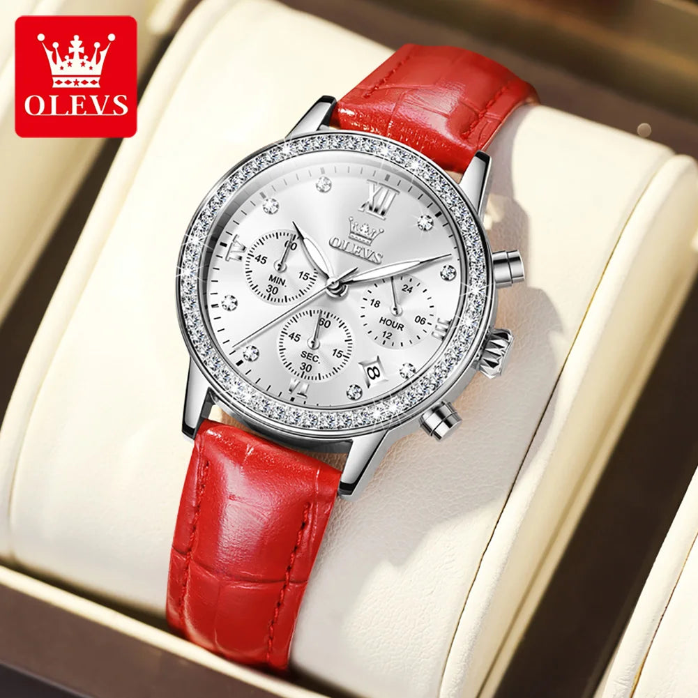 OLEVS 9933 Women's Quartz Watch – Luxury Leather Strap & Chronograph