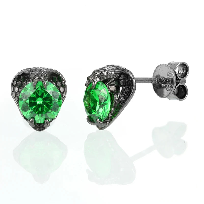 925 Sterling Silver Black Snake Earrings – Green Zircon Gothic Style