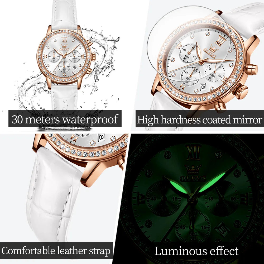 OLEVS 9933 Women's Quartz Watch – Luxury Leather Strap & Chronograph