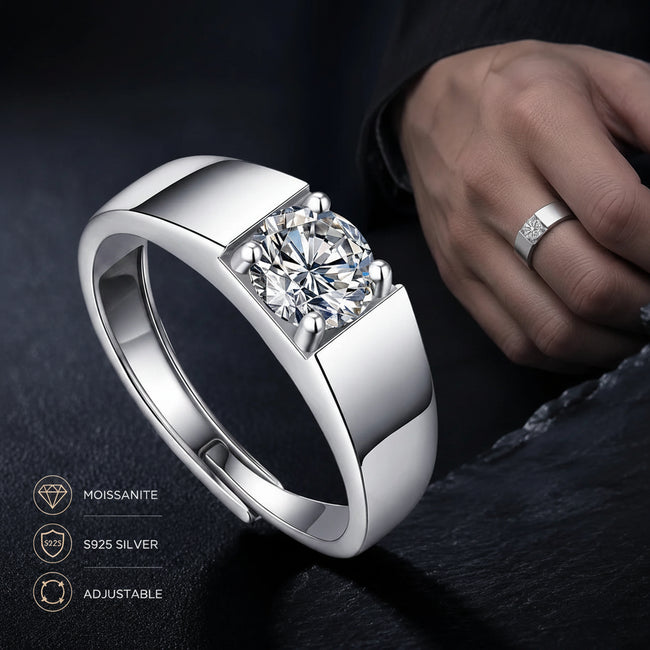 1CT Moissanite Ring for Men – 925 Sterling Silver Adjustable Hover Image