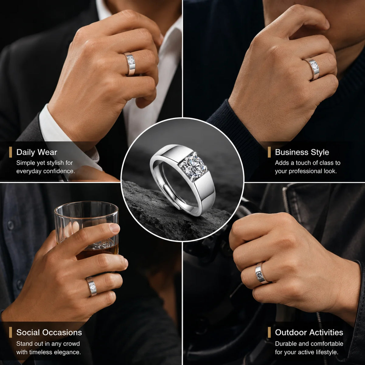 1CT Moissanite Ring for Men – 925 Sterling Silver Adjustable