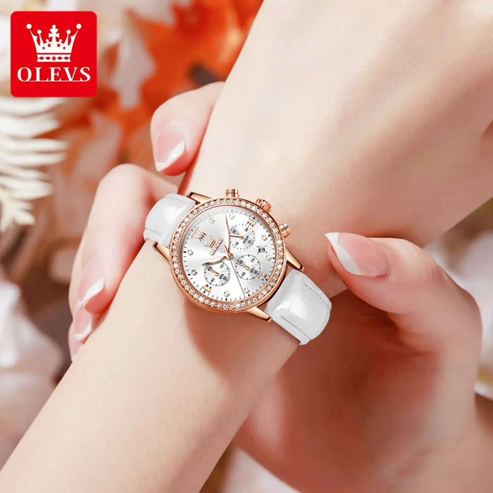 OLEVS 9933 Women's Quartz Watch – Luxury Leather Strap & Chronograph