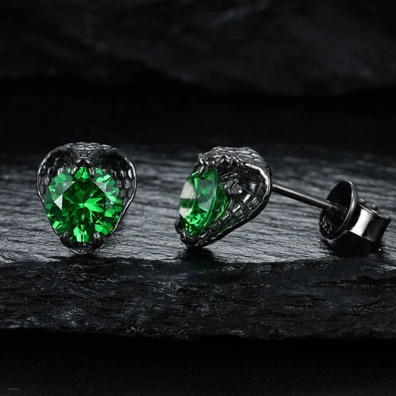 925 Sterling Silver Black Snake Earrings – Green Zircon Gothic Style