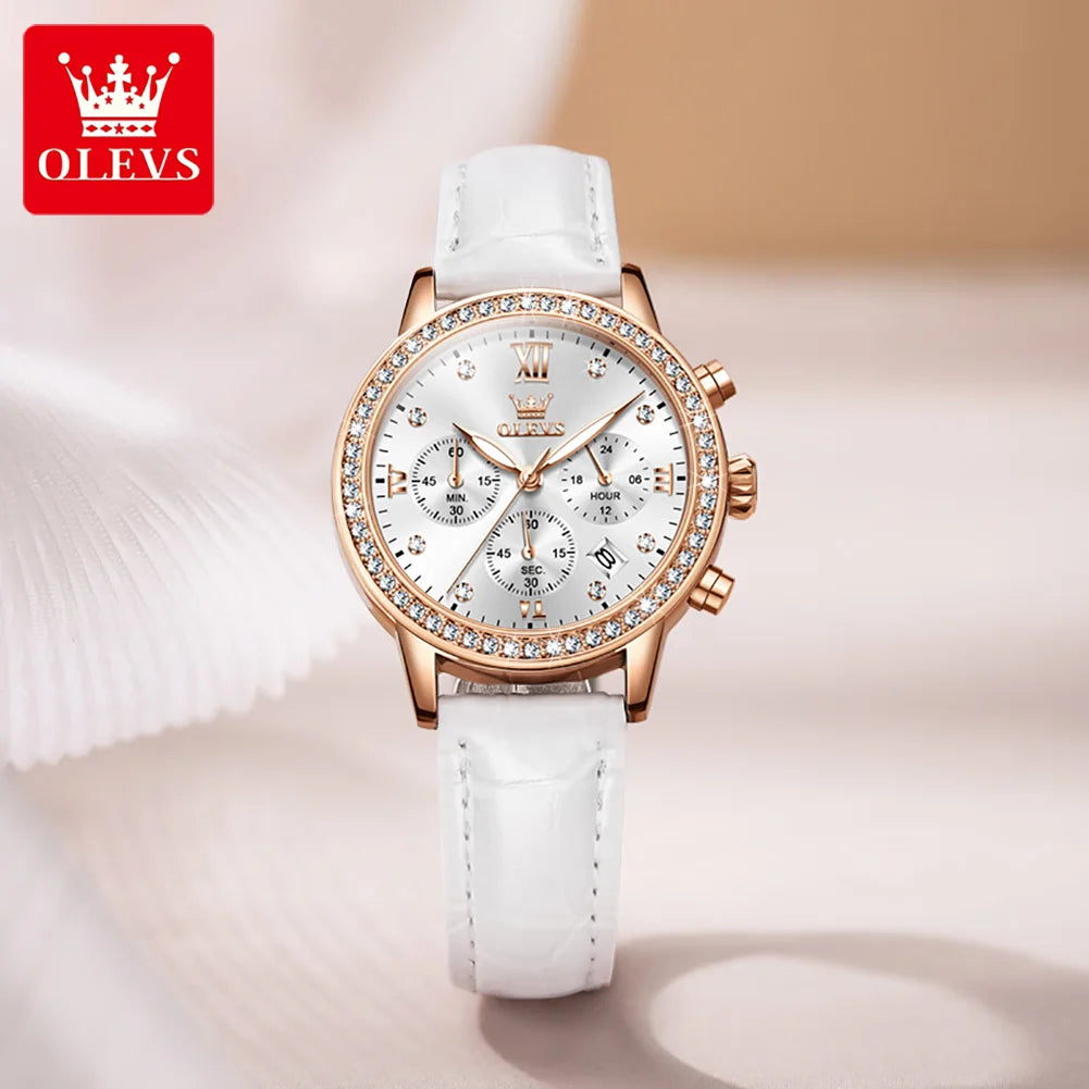 OLEVS 9933 Women's Quartz Watch – Luxury Leather Strap & Chronograph