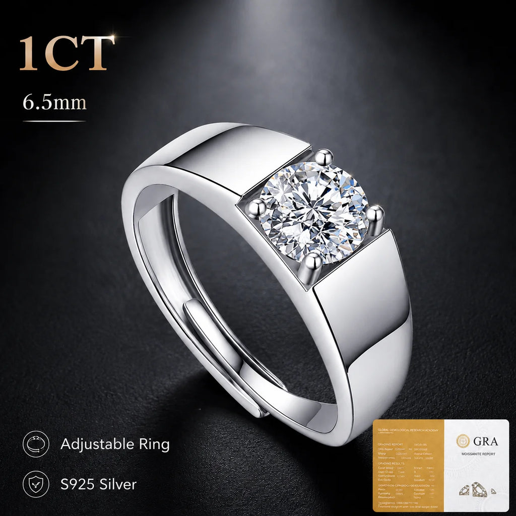 1CT Moissanite Ring for Men – 925 Sterling Silver Adjustable