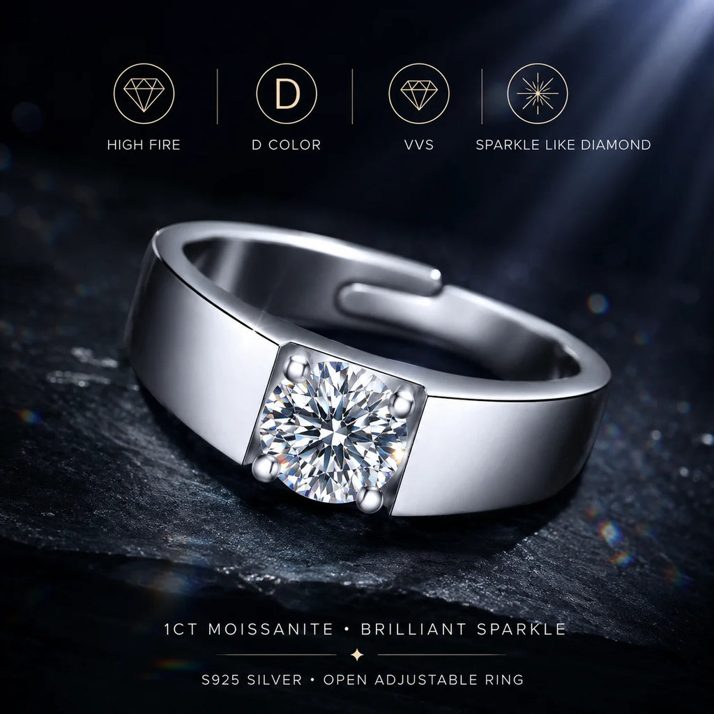 1CT Moissanite Ring for Men – 925 Sterling Silver Adjustable