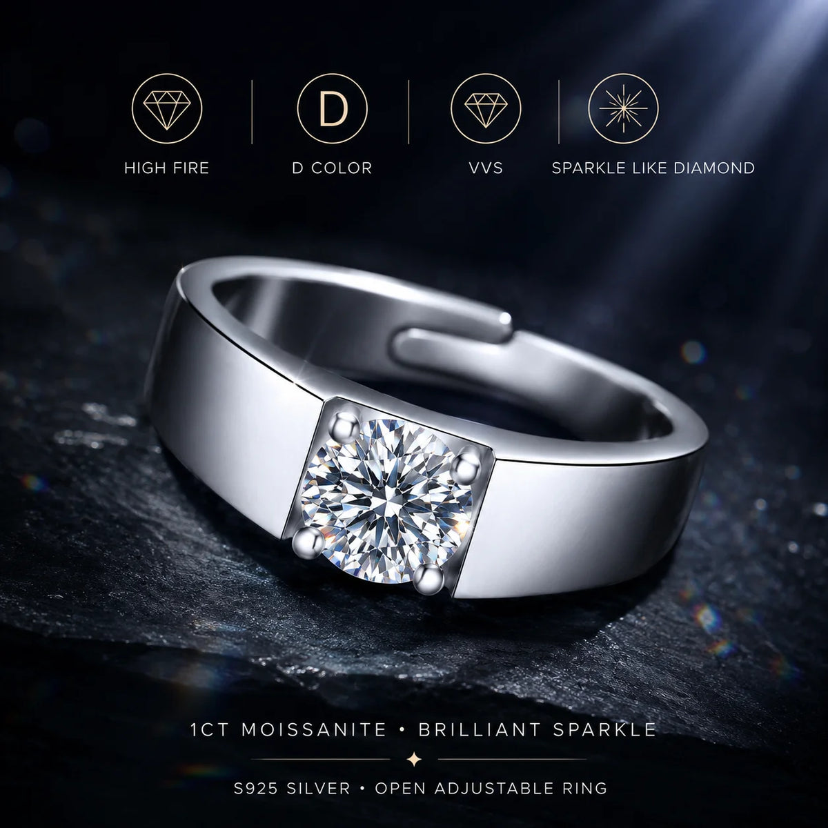 1CT Moissanite Ring for Men – 925 Sterling Silver Adjustable